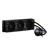 Computer cooling system with three fans and a monitor on a white background