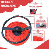 Red and black wheel with features highlighted on a white background