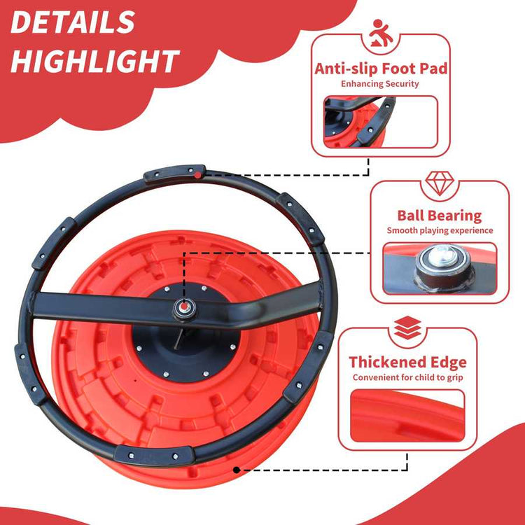 Red and black wheel with features highlighted on a white background