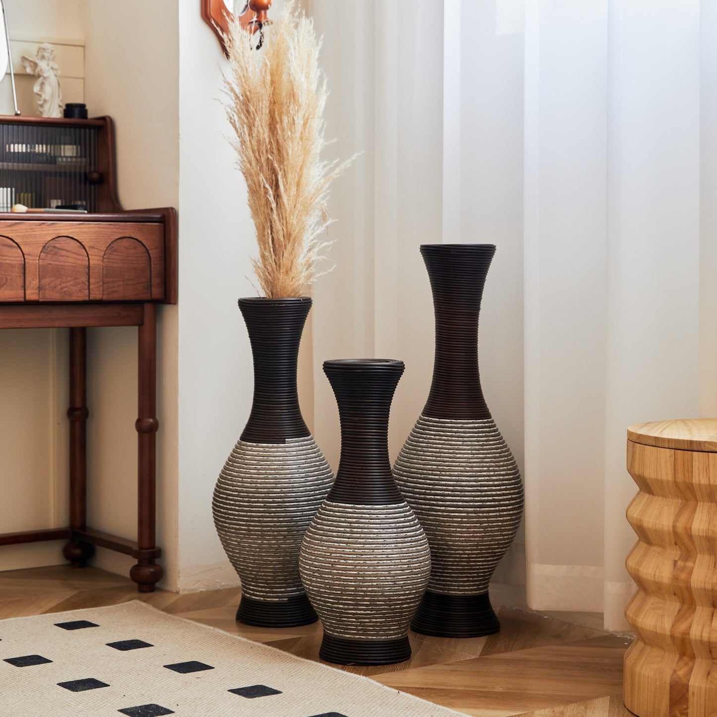 Brown floor vase set of 3 with pampas grass near a window and vanity, perfect for enhancing home décor with natural elements.