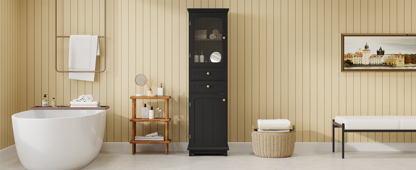 63" Tall Bathroom Storage Cabinet with Glass Doors, Free-Standing, Two Drawers, and Adjustable Shelves, MDF Board, Painted Black