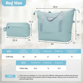 Light blue duffel bag with measurements and size chart on a white background