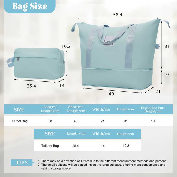 Light blue duffel bag with measurements and size chart on a white background