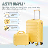 Yellow ABS spinner luggage set with a telescopic handle, lightweight design, and multiple compartments for travel storage
