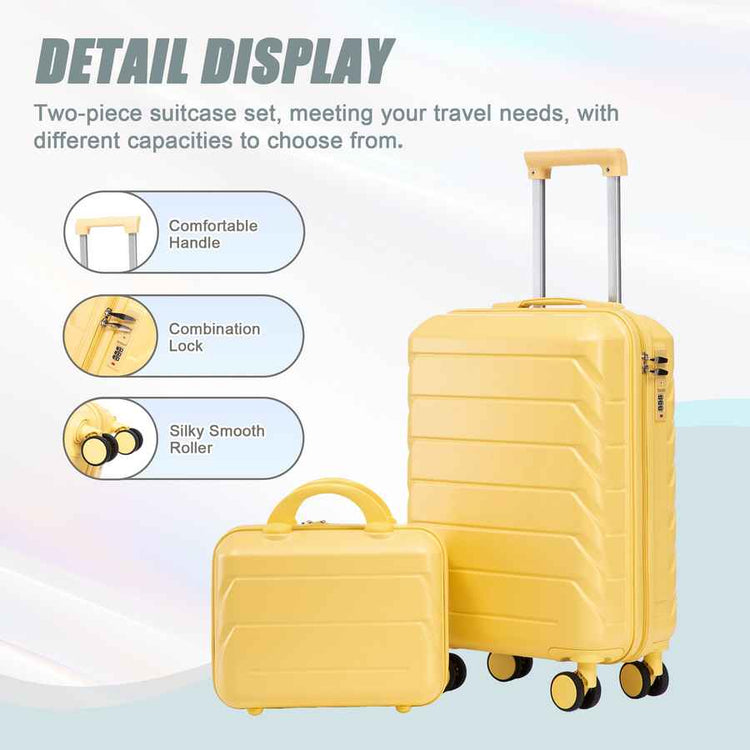 Yellow ABS spinner luggage set with a telescopic handle, lightweight design, and multiple compartments for travel storage