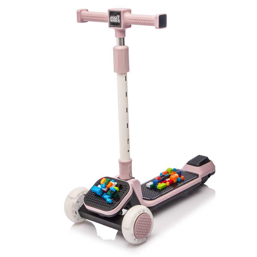 Pink kids' scooter with flashing wheels and LEGO-style building blocks