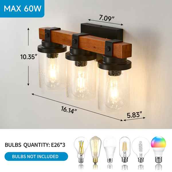Wall-mounted light fixture with dimensions and bulb compatibility on a neutral background