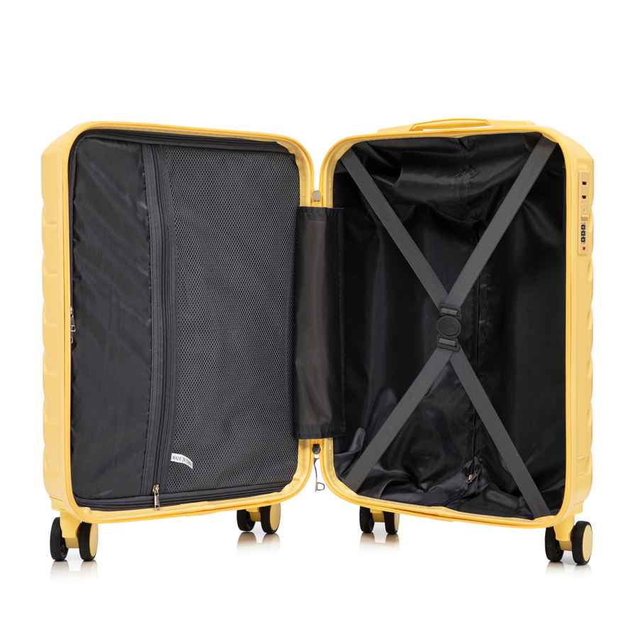 Yellow ABS spinner luggage with four wheels and lockable zippers, close-up of wheel mechanism for smooth rolling travel