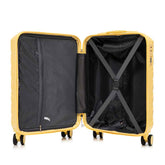 Yellow ABS spinner luggage with four wheels and lockable zippers, close-up of wheel mechanism for smooth rolling travel