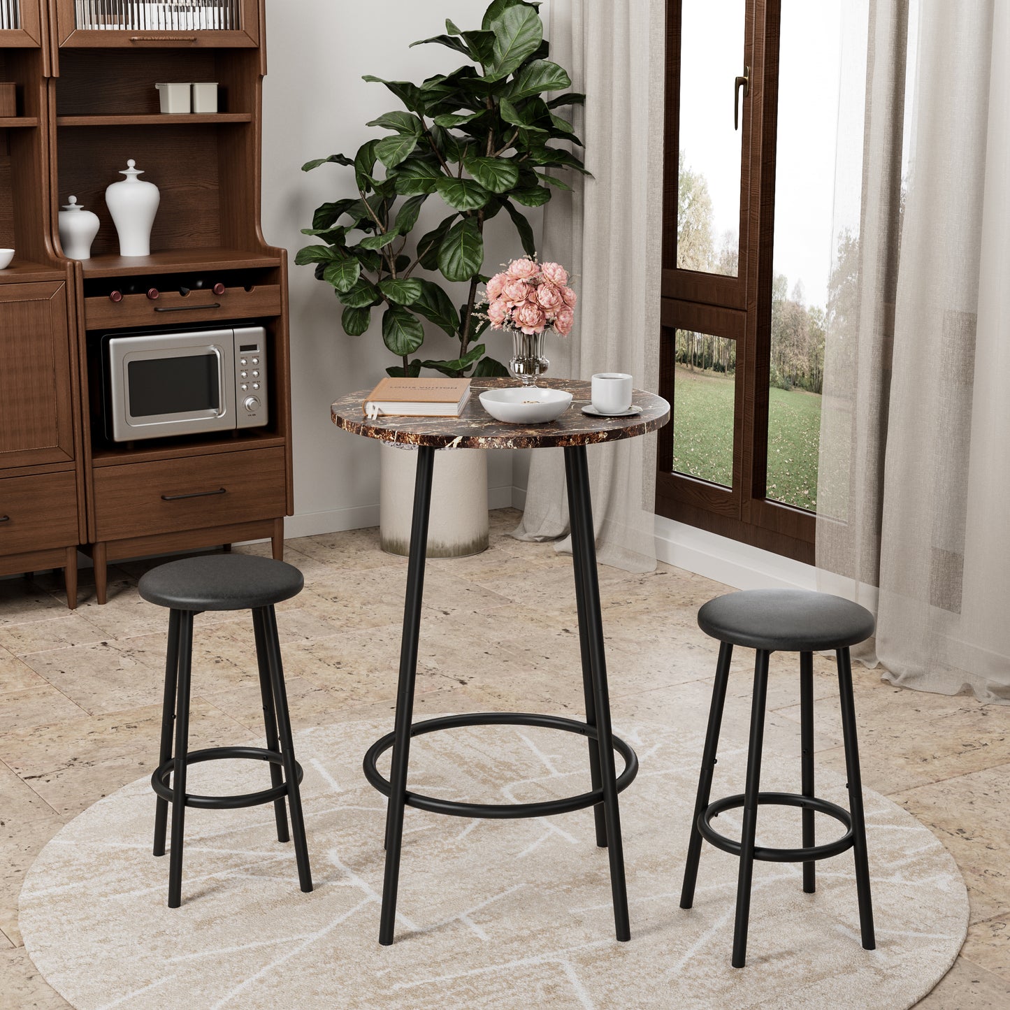 Compact 3-Piece Bar Table Set with 2 Stools placed near a window, perfect for small dining spaces with its sleek black metal frame and marble-style top.