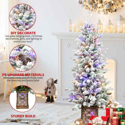 Flocked Christmas tree multicolor lights and glitter base details