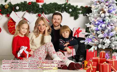 Family gathered by a flocked Christmas tree with LED lights