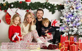 Family gathered by a flocked Christmas tree with LED lights