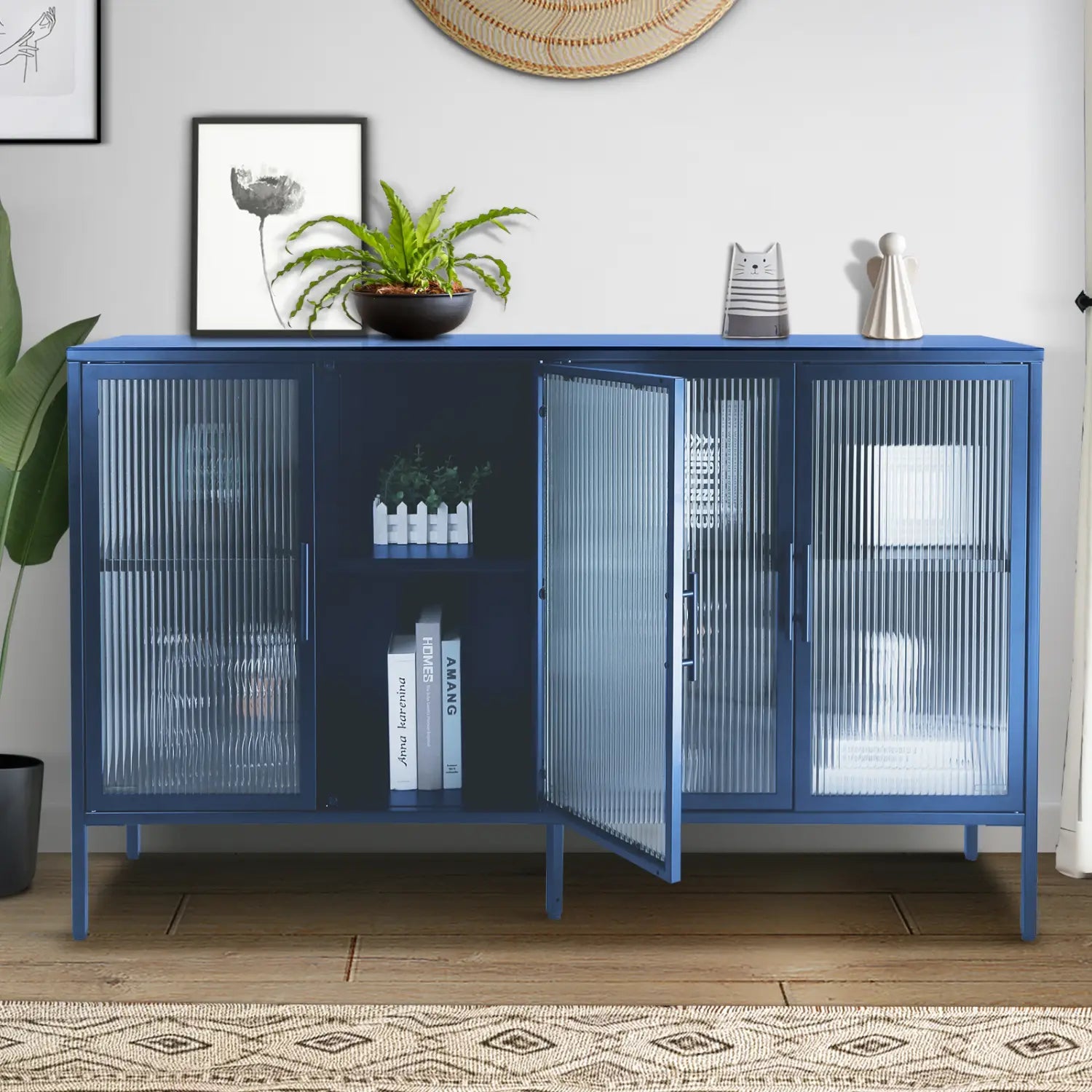 Stylish 4-Door Tempered Glass Cabinet with 4 Glass Doors Adjustable Shelf and Feet Anti-Tip Dust-free Fluted Glass