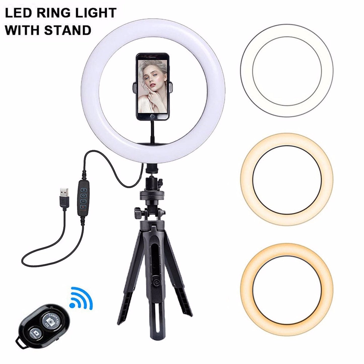 4in1 Dimmable USB LED Ring Light Mirror Tripod Stand Phone Holder Fr Live Makeup