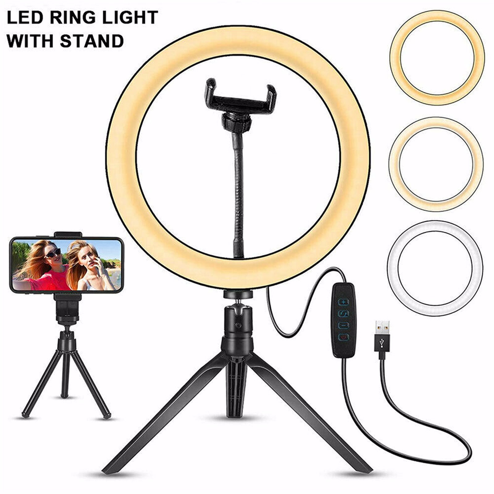 4in1 Dimmable USB LED Ring Light Mirror Tripod Stand Phone Holder Fr Live Makeup