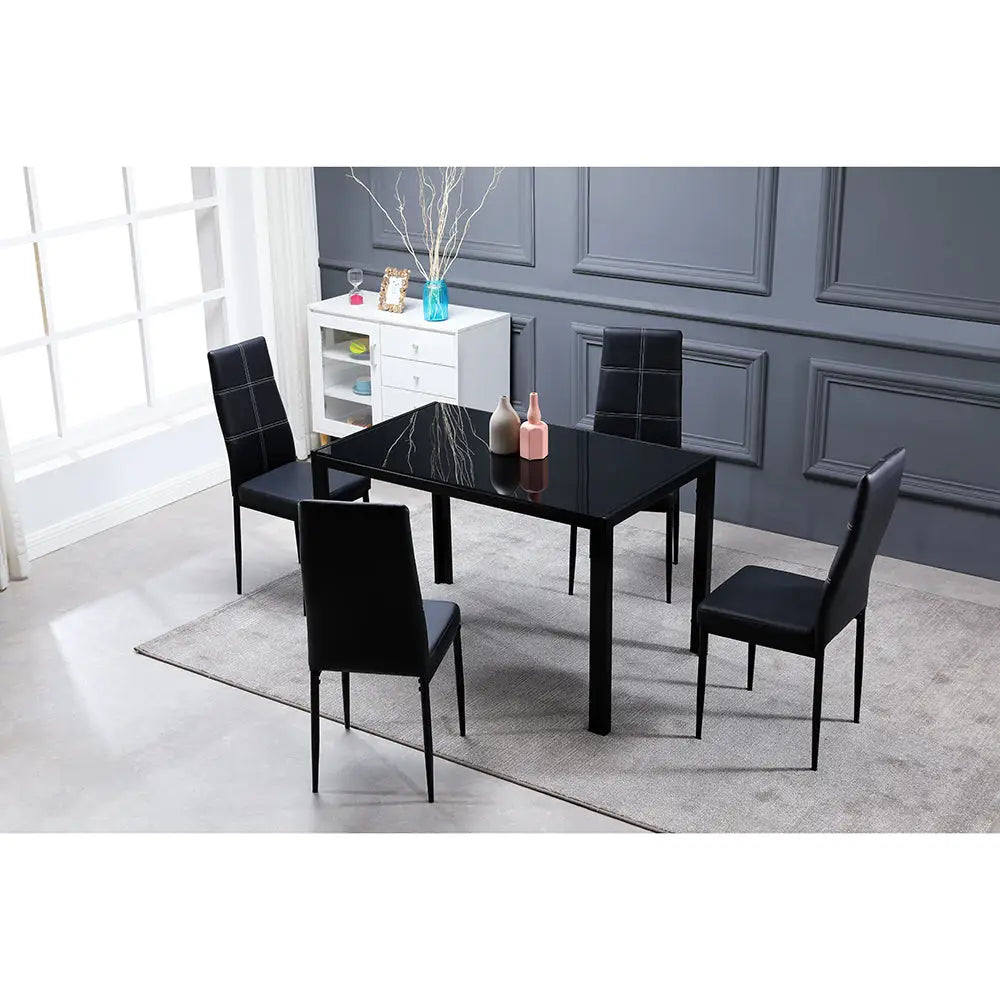 4pcs Elegant Dining Chairs with 6 Grids Decoration Backrest White Cushion Black MLNshops]