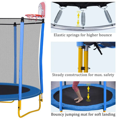 5.5FT Trampoline for Kids - 65" Outdoor & Indoor Mini Toddler Trampoline with Enclosure, Basketball Hoop and Ball Included MLNshops]