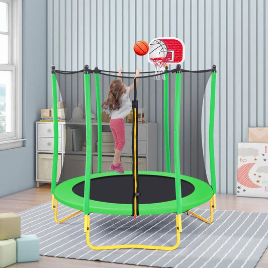 5.5FT Trampoline for Kids - 65" Outdoor & Indoor Mini Toddler Trampoline with Enclosure, Basketball Hoop and Ball Included MLNshops]