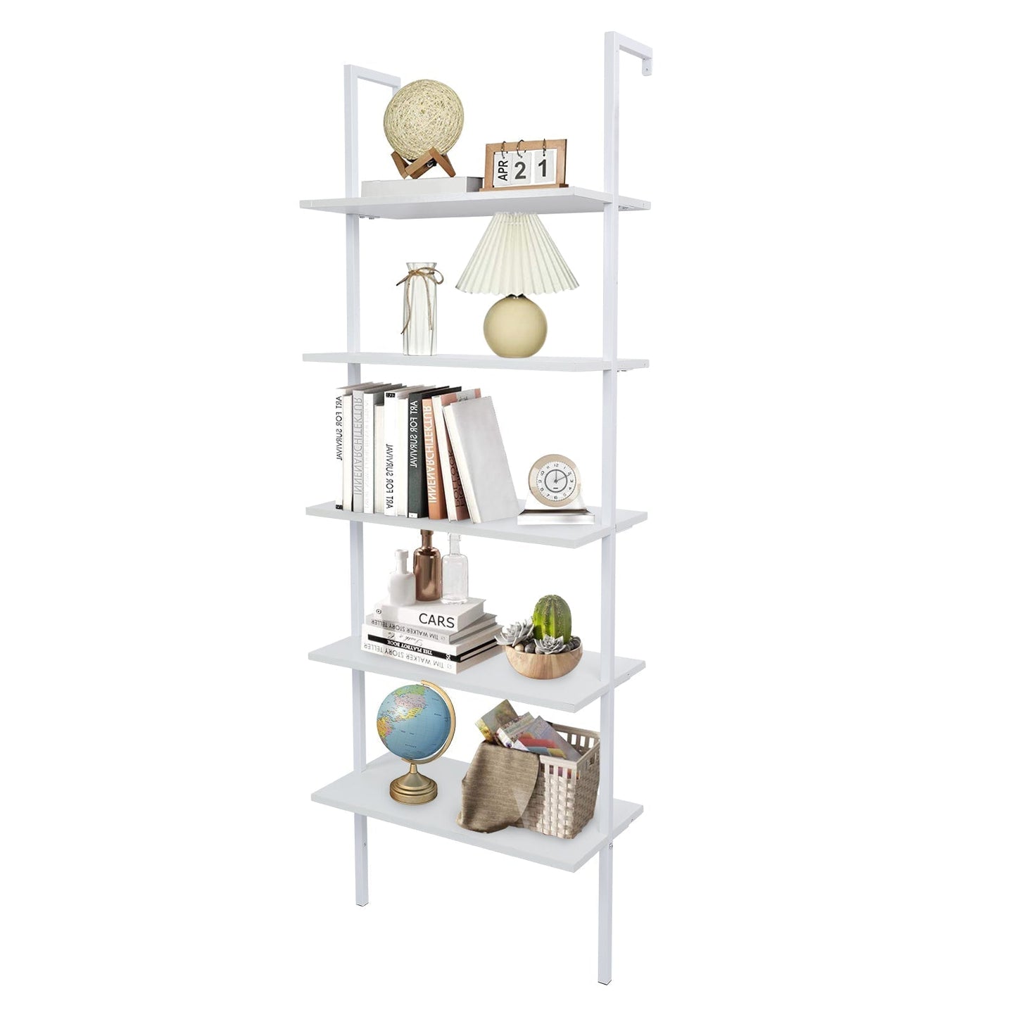 5-Shelf Wood Ladder Bookcase with Metal Frame, Industrial 5-Tier Modern Ladder Shelf Wood Shelves, White