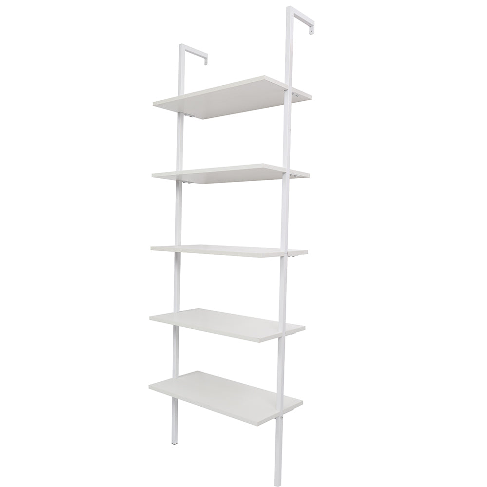 5-Shelf Wood Ladder Bookcase with Metal Frame, Industrial 5-Tier Modern Ladder Shelf Wood Shelves, White