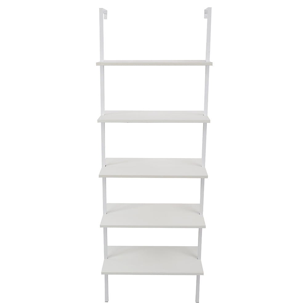 5-Shelf Wood Ladder Bookcase with Metal Frame, Industrial 5-Tier Modern Ladder Shelf Wood Shelves, White