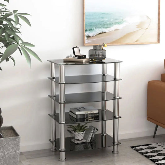 5-Tier Tempered Glass Living Room Side Table with Stainless Steel Frame- Black MLNshops