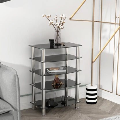 5-Tier Tempered Glass Living Room Side Table with Stainless Steel Frame- Black MLNshops]