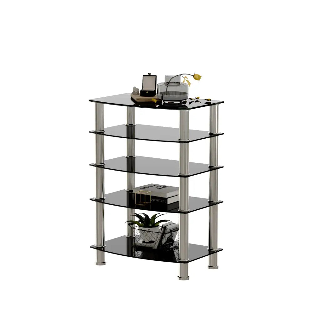 5-Tier Tempered Glass Living Room Side Table with Stainless Steel Frame- Black MLNshops]