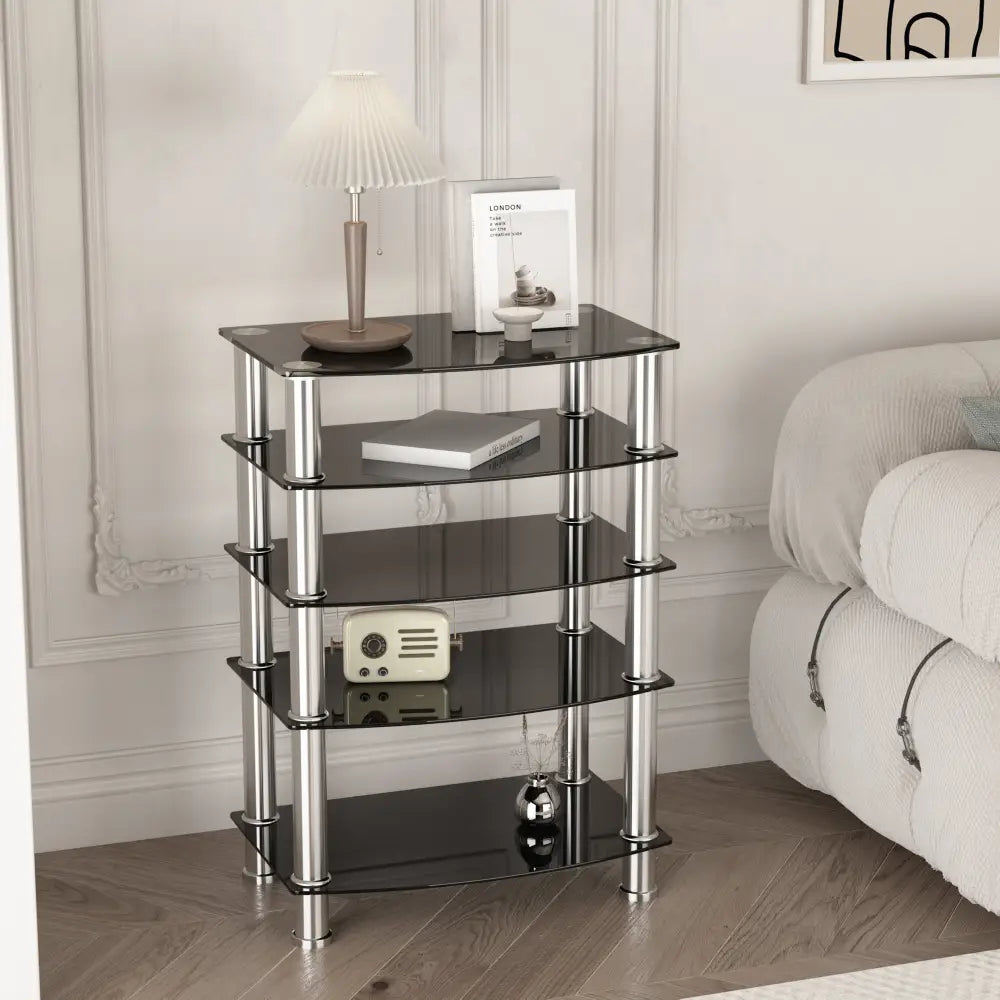 5-Tier Tempered Glass Living Room Side Table with Stainless Steel Frame- Black MLNshops]