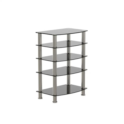 5-Tier Tempered Glass Living Room Side Table with Stainless Steel Frame- Black MLNshops]