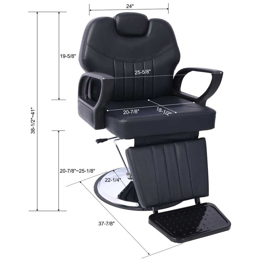 Barber Chair - Heavy Duty Hydraulic with PU leather and chrome base, detailed dimensions for seat, backrest, and footrest shown.