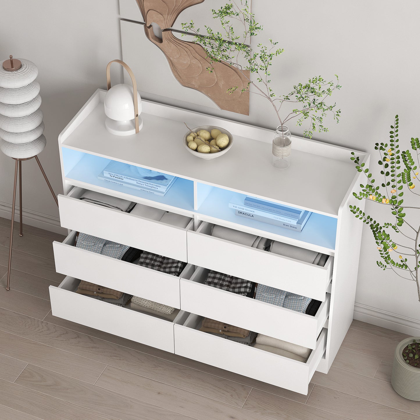 6 Drawer Dresser, White Dresser for Bedroom with LED Lights