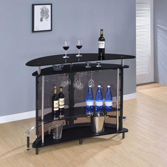 Strick & Bolton black glass top home wine bar cabinet featuring stemware racks, bottle storage, and sleek black finish for home entertaining.