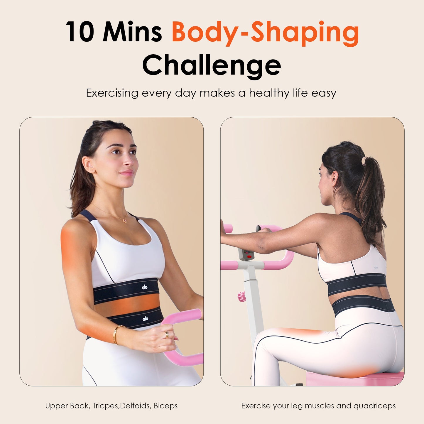 10-minute body-shaping challenge using the Foldable Squat Rowing Machine targeting upper back, arms, and legs.
