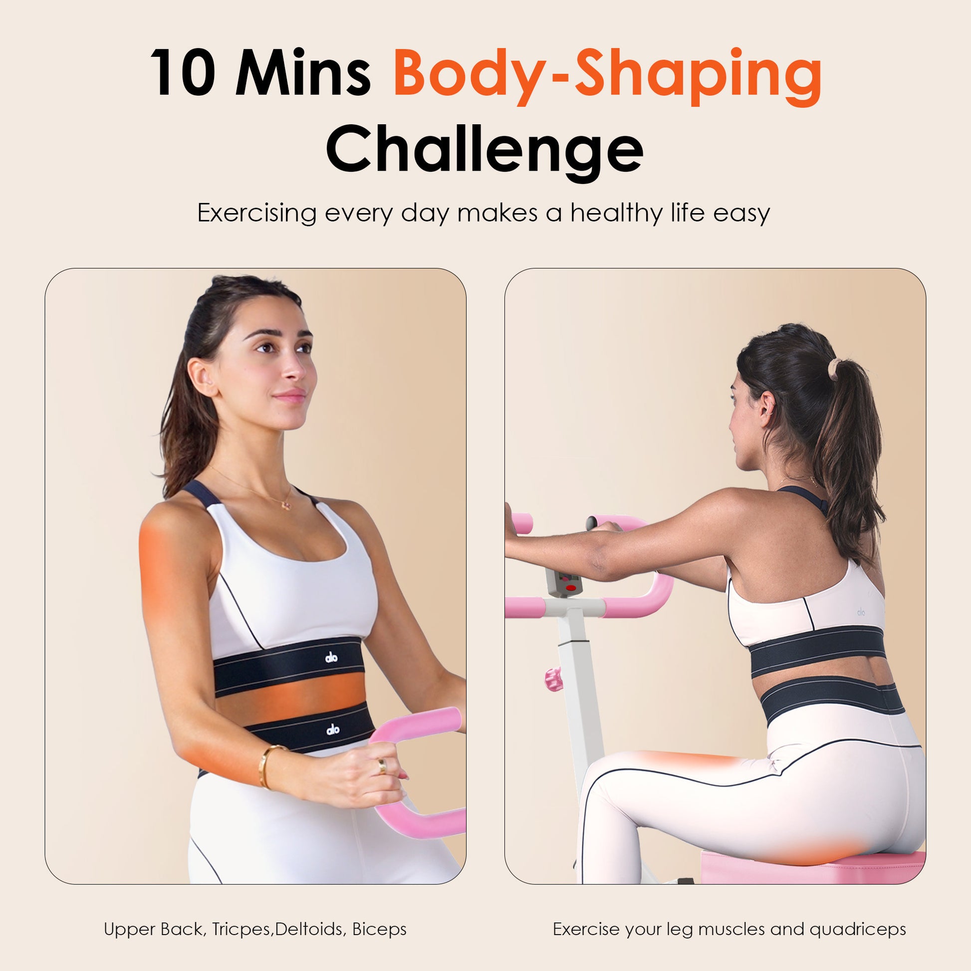 10-minute body-shaping challenge using the Foldable Squat Rowing Machine targeting upper back, arms, and legs.