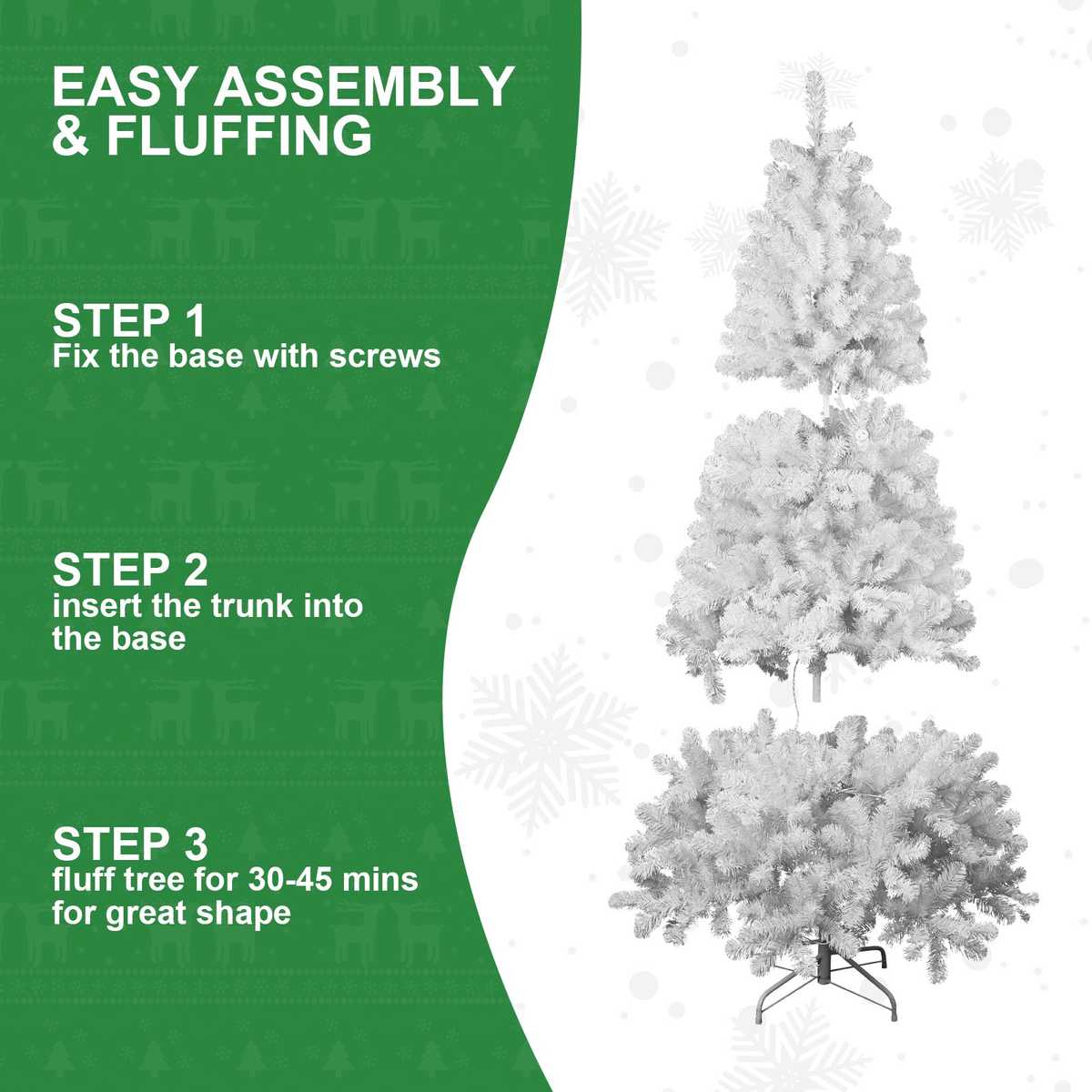 White artificial Christmas tree with assembly instructions on a green background