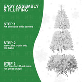 White artificial Christmas tree with assembly instructions on a green background