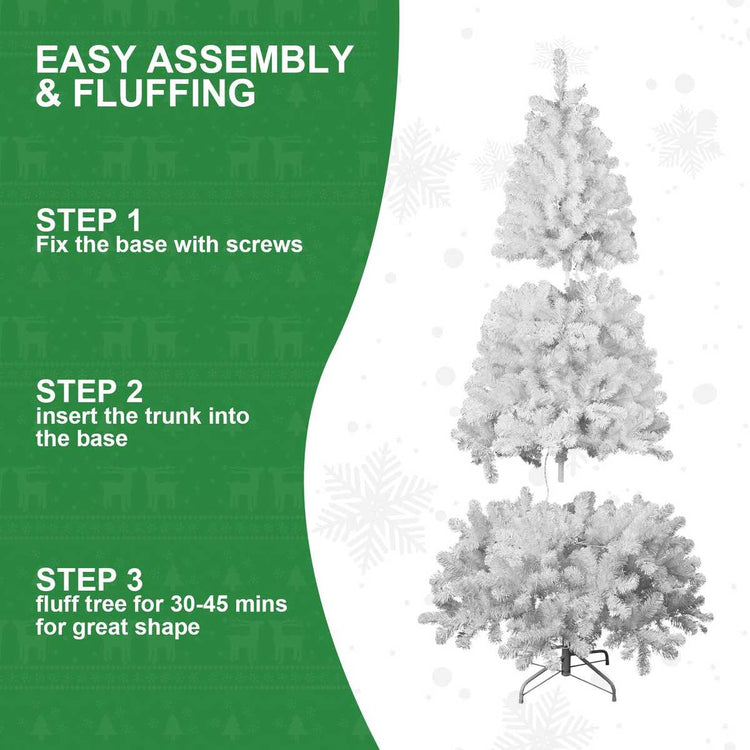 White artificial Christmas tree with assembly instructions on a green background