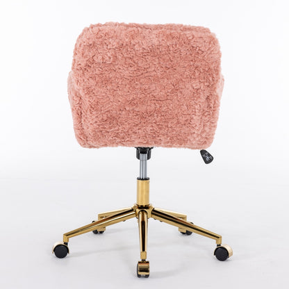 Furniture Office Chair,Artificial rabbit hair Home Office Chair with Golden Metal Base,Adjustable Desk Chair Swivel Office Chair,Vanity Chair(Pink)
