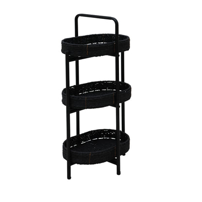 Modern 3-Tier Handwoven Side Table with Oval Organizer in Black Metal and Paper Rope