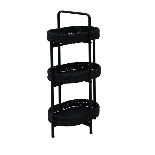 Modern 3-Tier Handwoven Side Table with Oval Organizer in Black Metal and Paper Rope