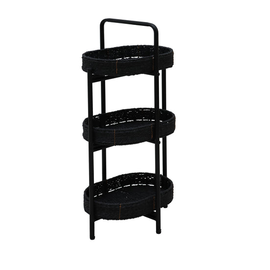 Modern 3-Tier Handwoven Side Table with Oval Organizer in Black Metal and Paper Rope