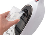 A close-up of a white handheld steam cleaner with a person&