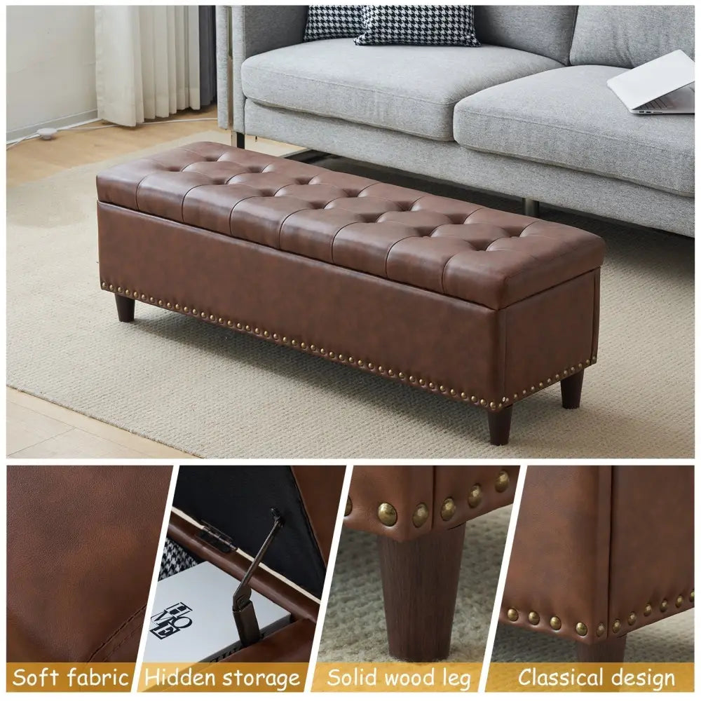 51 Inches 131*41*42cm Hot Stamping Cloth With Storage Copper Nails Bedside Stool Footstool Orange MLNshops]