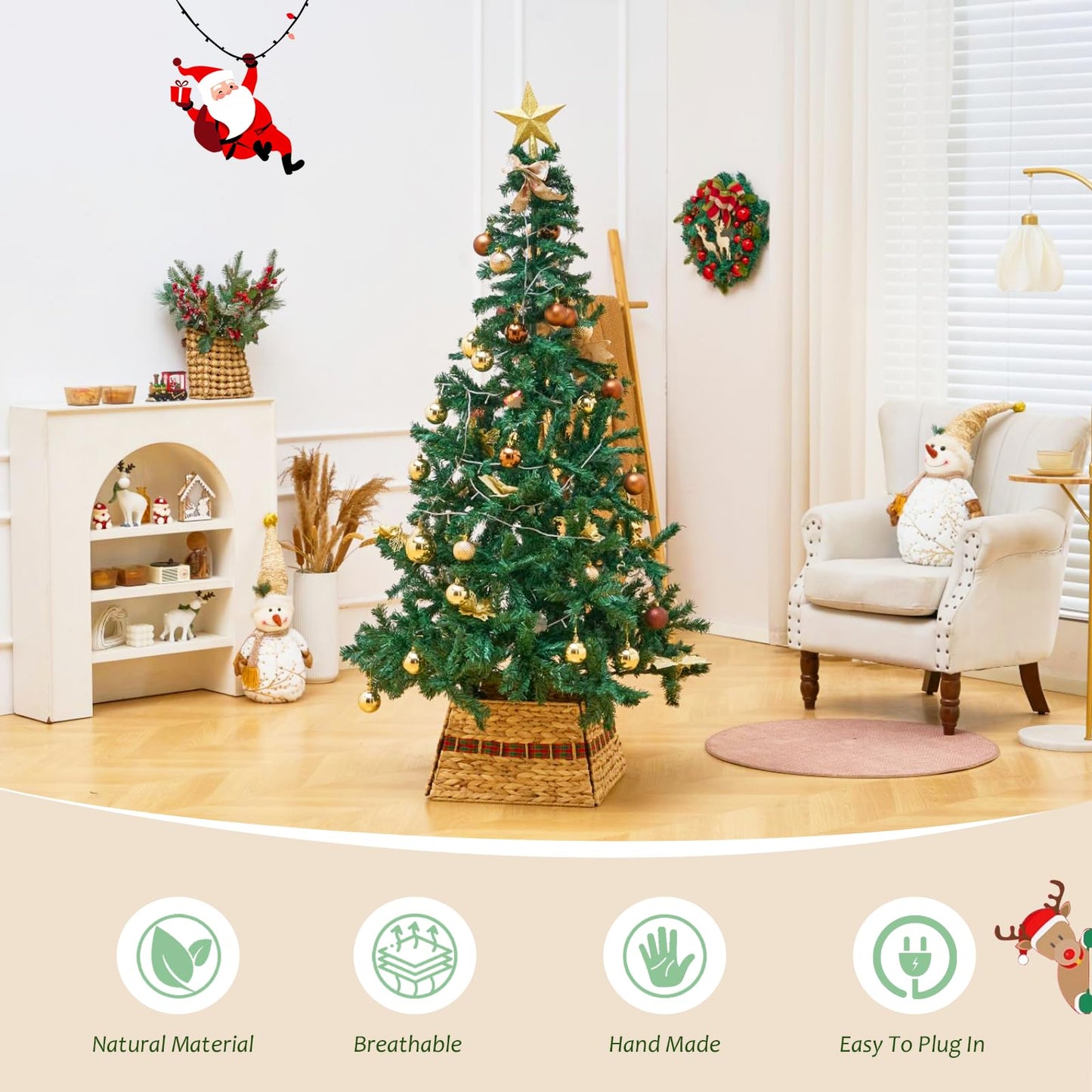 Christmas tree with eco-friendly woven skirt highlighted for natural material, breathability, handmade quality, and easy plug-in access.