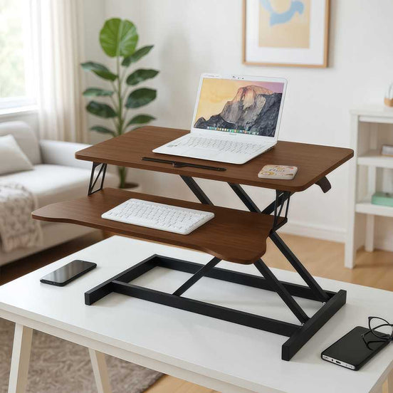 32 Inch Desk Converter with height adjustable dual-tier design for dual monitors, ideal for ergonomic office setups and home workstations.