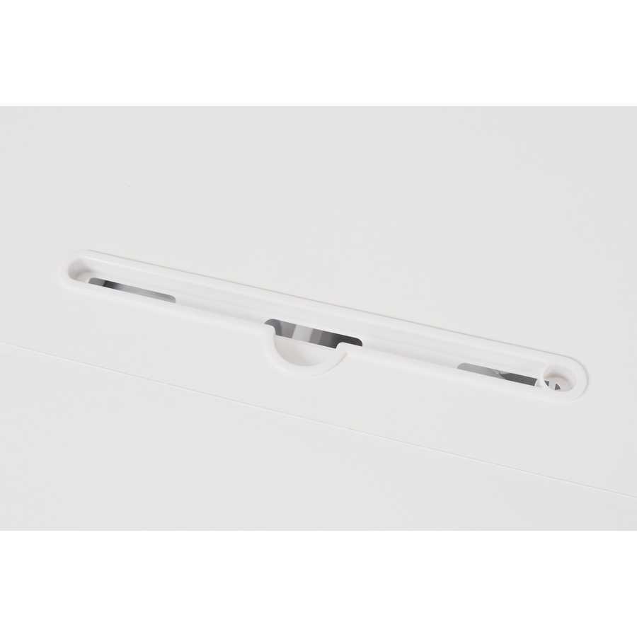 Close-up of cable management slot on adjustable standing laptop desk. Keeps workspace organized and clutter-free.