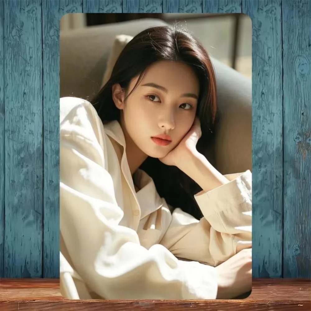 Beauty Themed Aluminum Wall Art - Stylish Home Decor featuring a thoughtful woman, presented on a textured blue wooden wall.