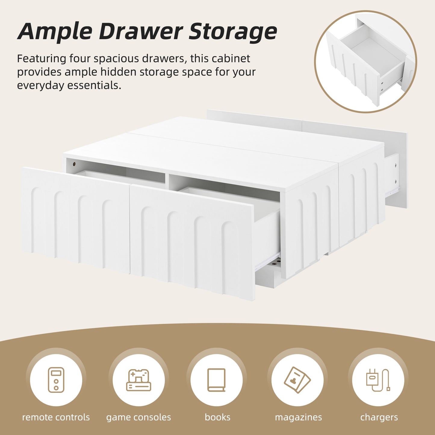 Modern Coffee Table with four hidden drawers for storing remotes, books, and chargers, part of TV Stand and Coffee Table Set.